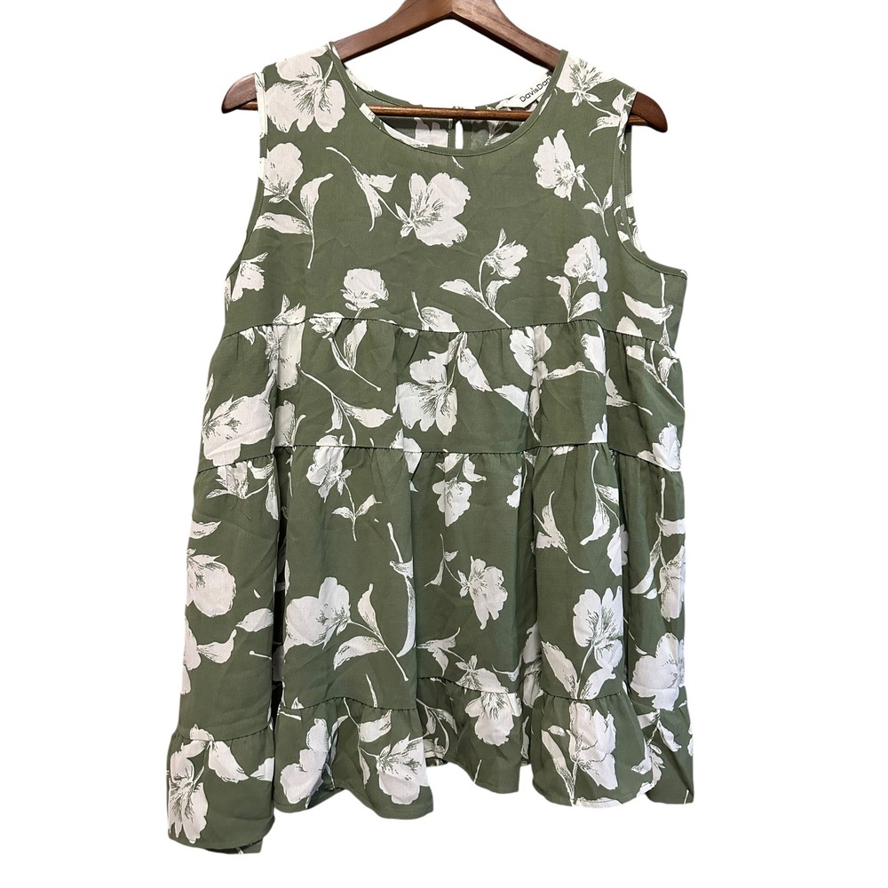 Davi & Dani Women's Floral Print Sleeveless Tiered Dress Green White Size M